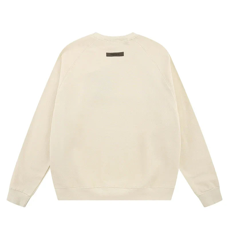 Essentials cloud dance sweatshirt back view beveled metallic logo branding
