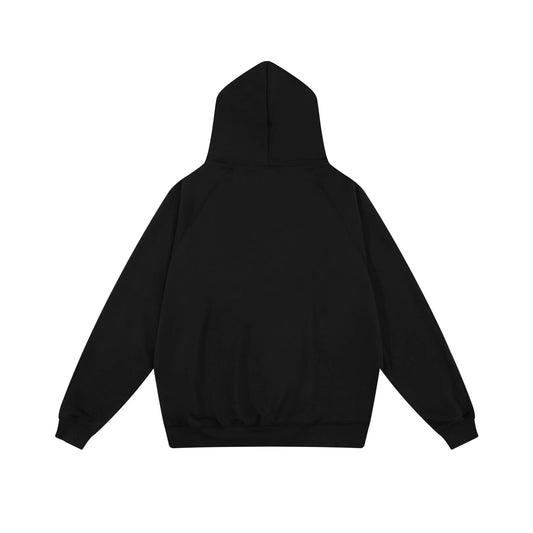 Essentials black hoodie back view relaxed fit heavyweight core fleece