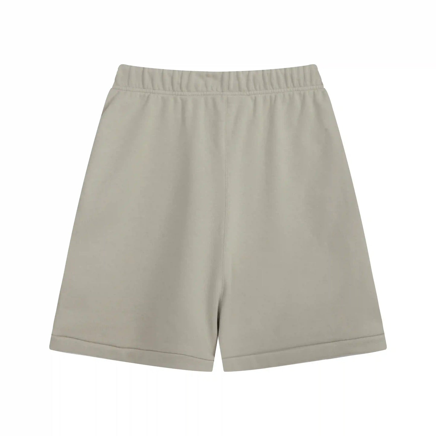 Fear of God Essentials pastel grey fleece shorts with tonal branding and relaxed fit