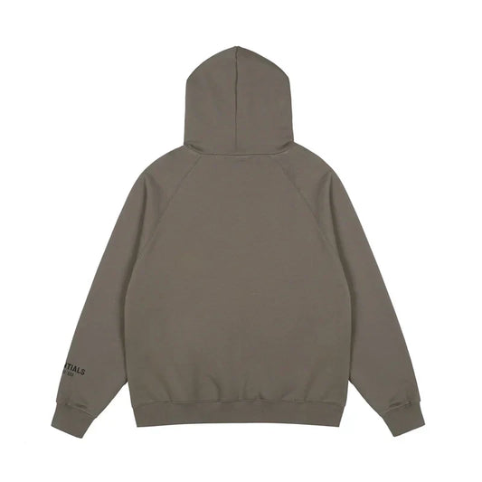Essentials sandstone hoodie back view relaxed fit heavyweight core fleece