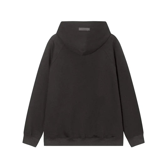 Essentials black hoodie back view relaxed fit heavyweight core fleece