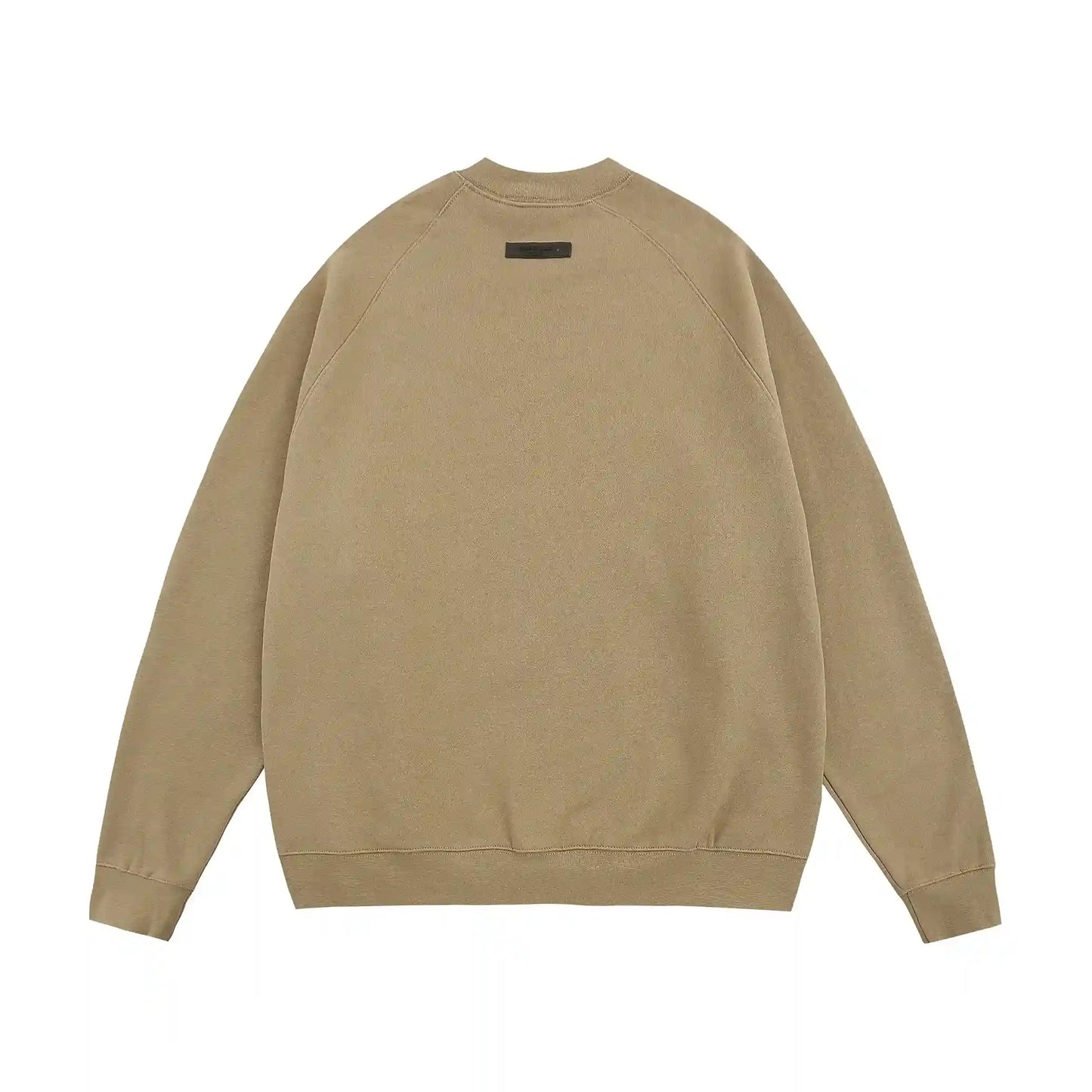 Essentials dark beige sweatshirt back view beveled metallic logo branding