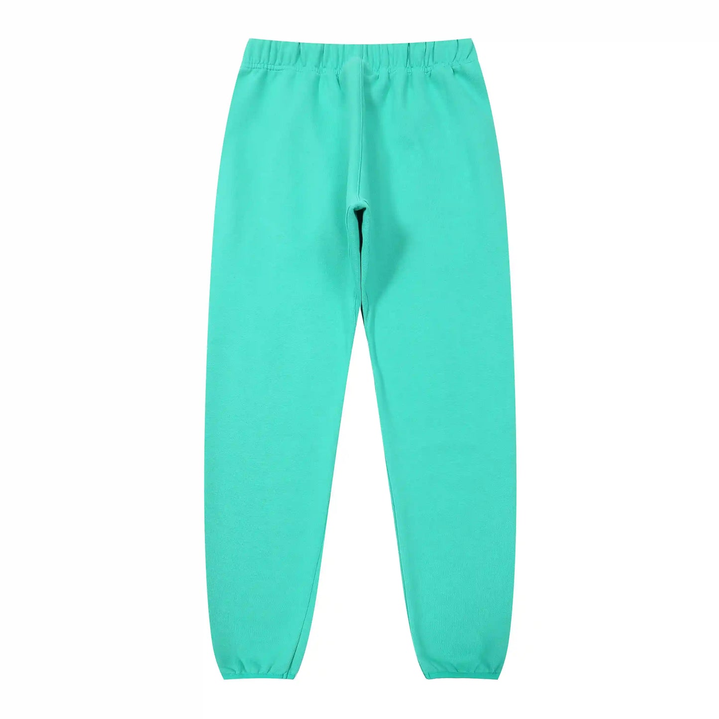 Essentials rubberized label detail on aqua green tracksuit (hood or front label)