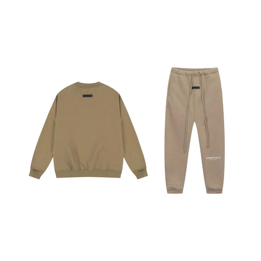 Essentials tracksuit dark beige angled view relaxed fit crewneck set