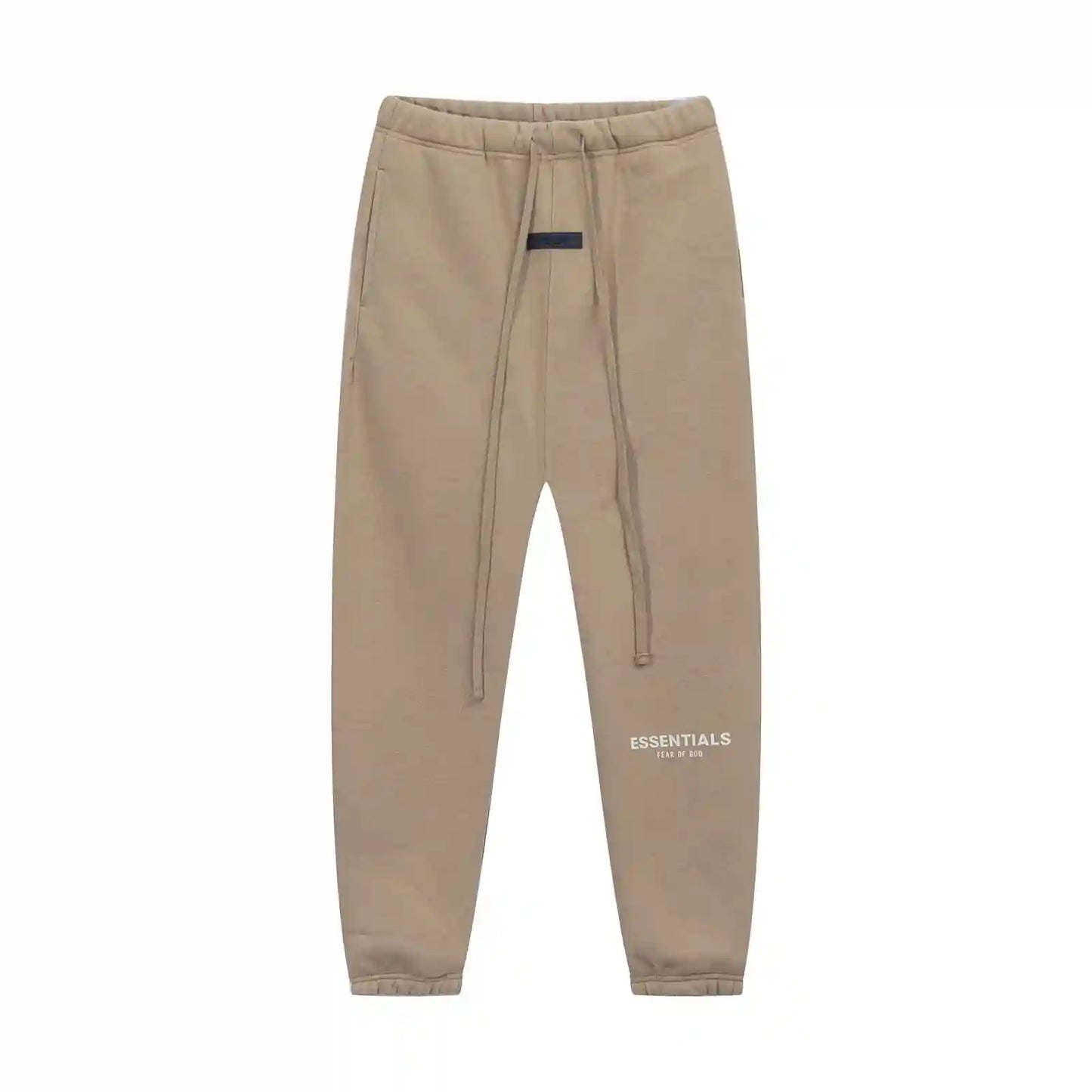 Dark beige Essentials joggers soft-touch rubberized logo on leg close-up