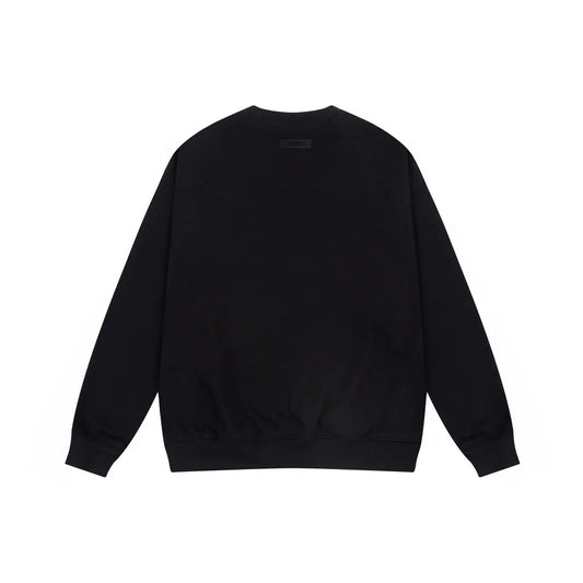 Essentials black sweatshirt back view beveled logo branding