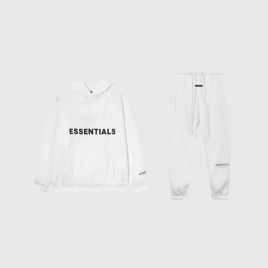 Fear of God Essentials eggshell tracksuit front view hoodie and joggers
