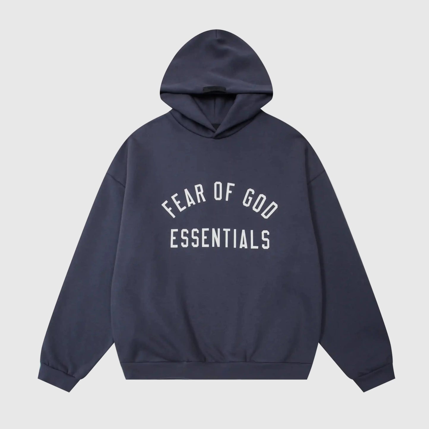Fear of God Essentials blue hoodie front view with rubberized black bar branding