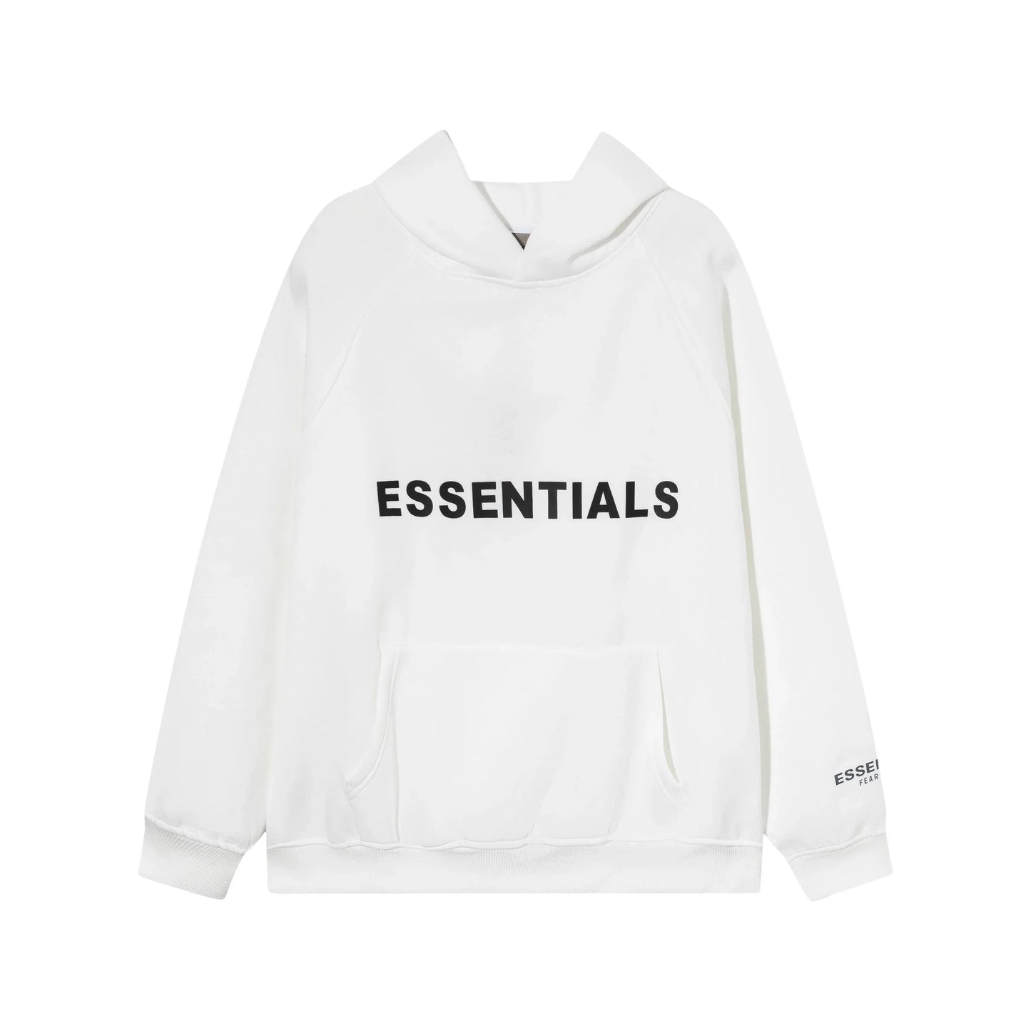 Eggshell Essentials hoodie center front rubberized black bar branding detail