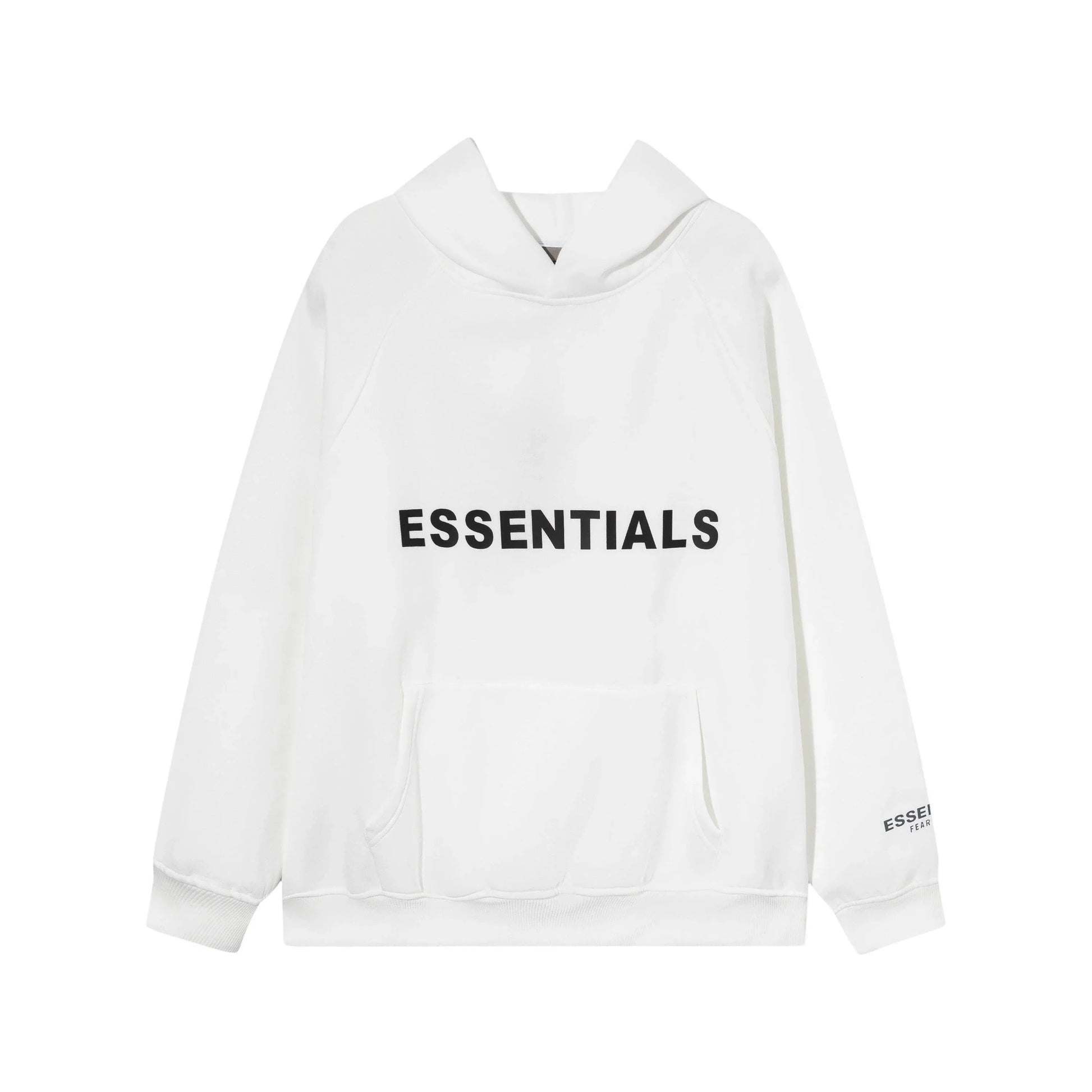 Eggshell Essentials hoodie center front rubberized black bar branding detail