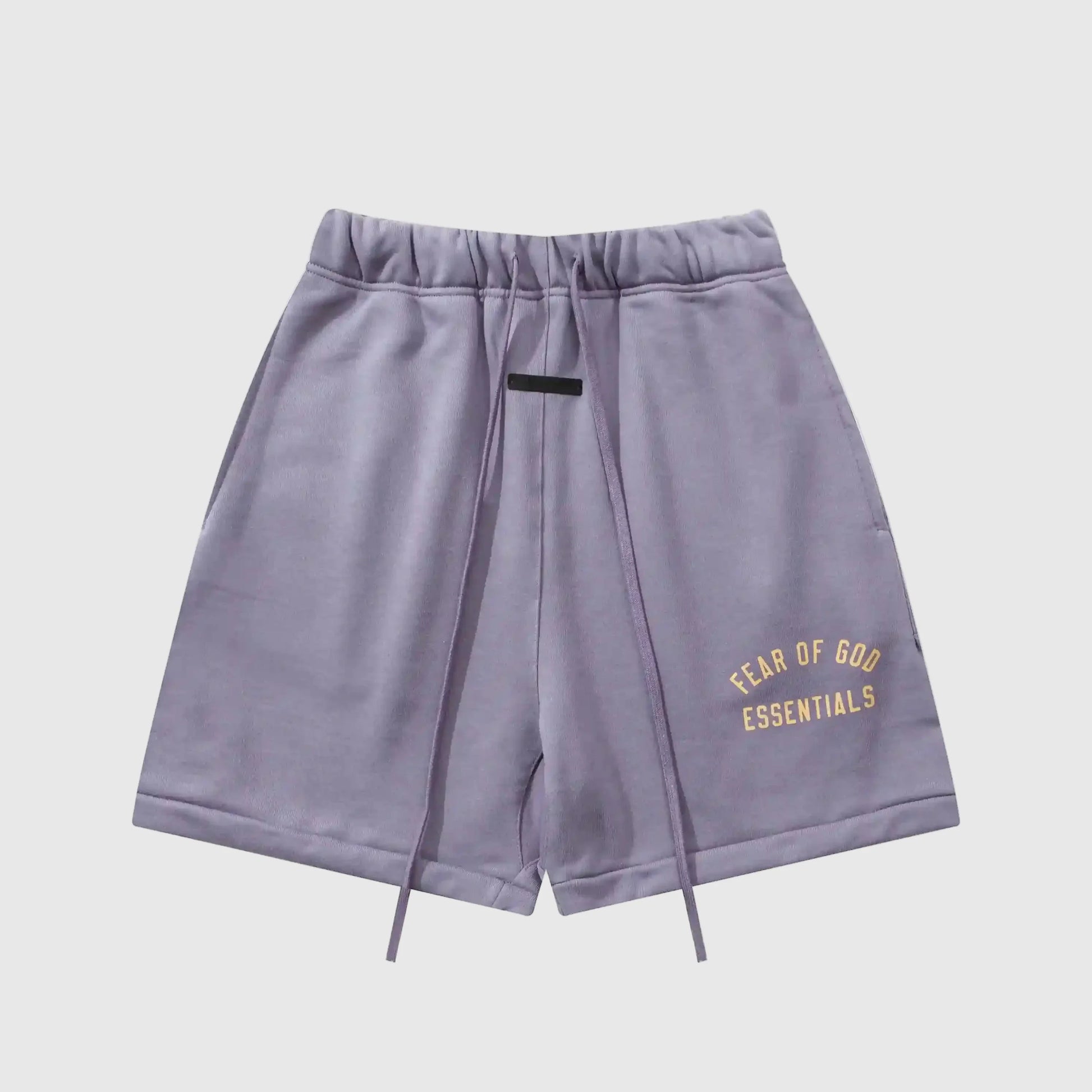 Fear of God Essentials pastel purple fleece shorts with relaxed fit and tonal branding