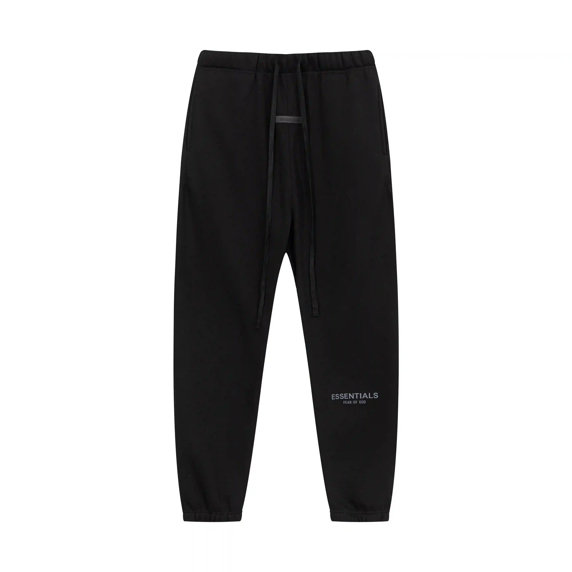 Back view of Essentials black core streetwear fleece tracksuit set by Fear Of God

