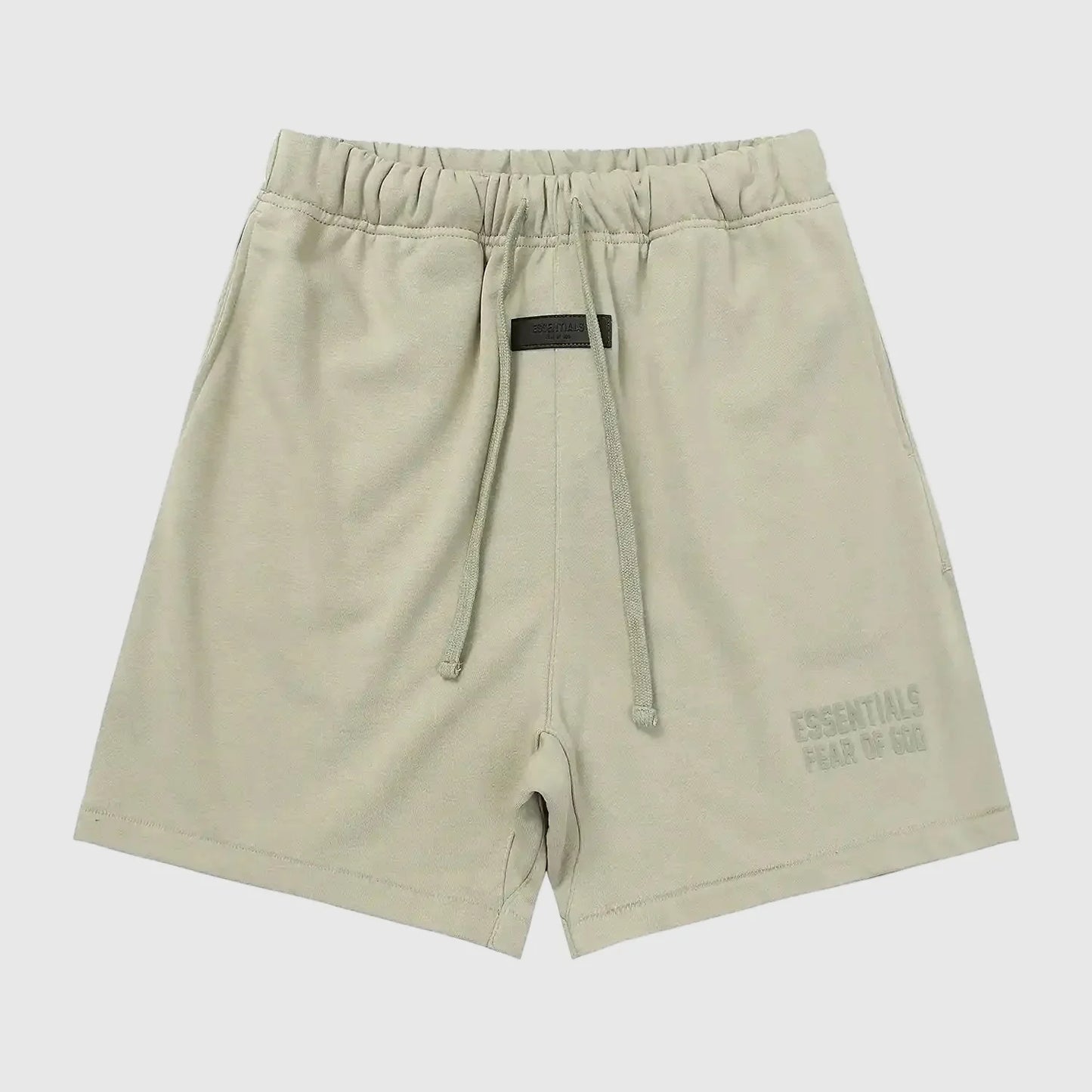 Fear of God Essentials heathered grey fleece shorts with tonal logo and relaxed streetwear fit