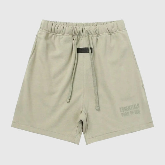 Fear of God Essentials heathered grey fleece shorts with tonal logo and relaxed streetwear fit