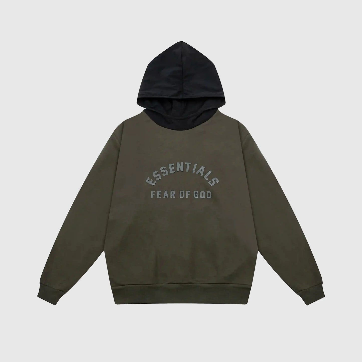 Fear of God Essentials lunar green hoodie front view with rubberized Black Bar branding