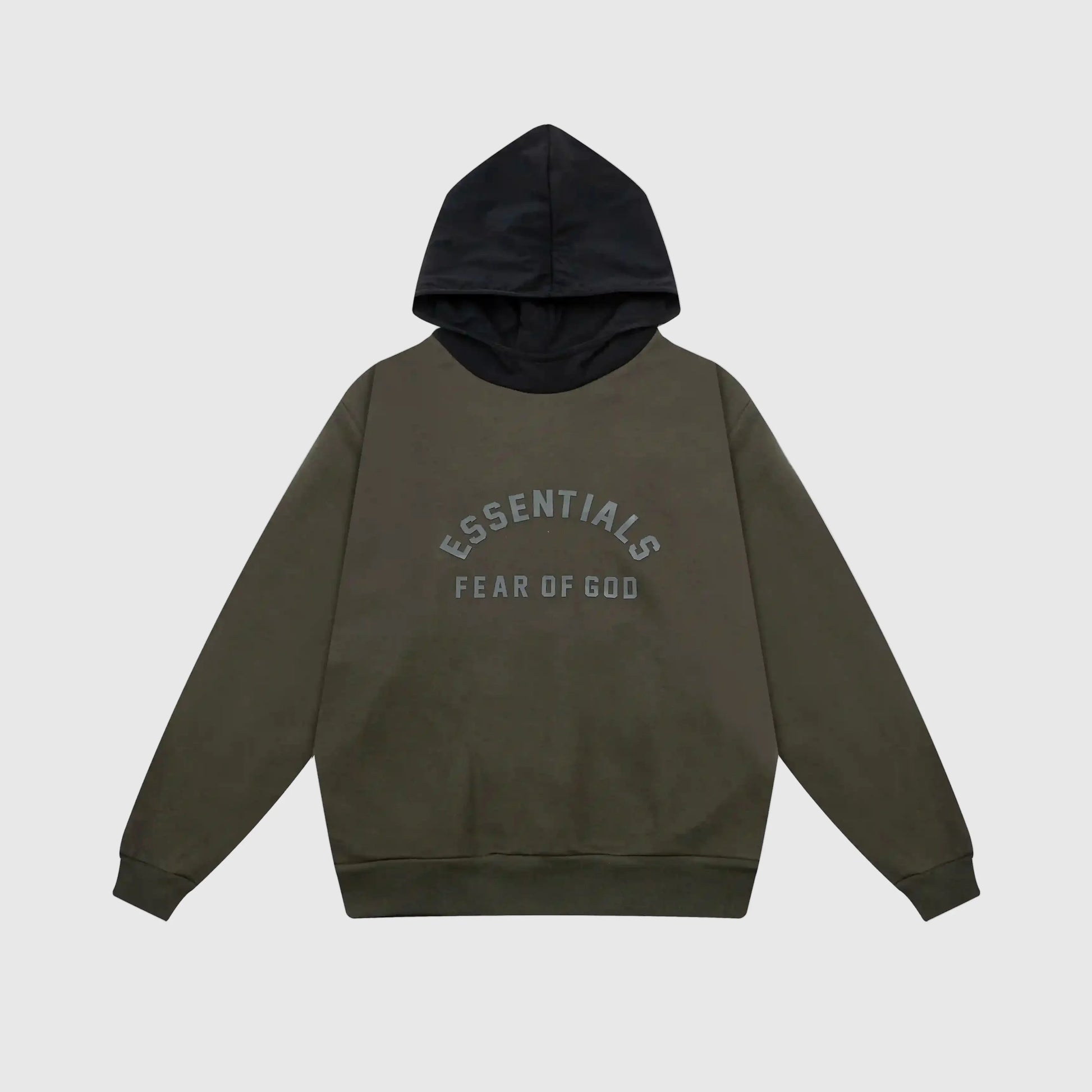 Fear of God Essentials lunar green hoodie front view with rubberized Black Bar branding