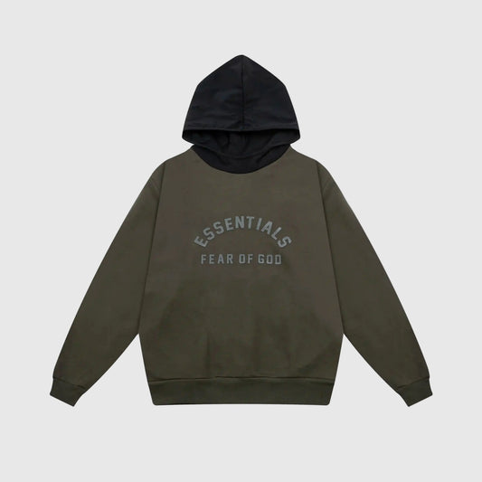 Fear of God Essentials lunar green hoodie front view with rubberized Black Bar branding