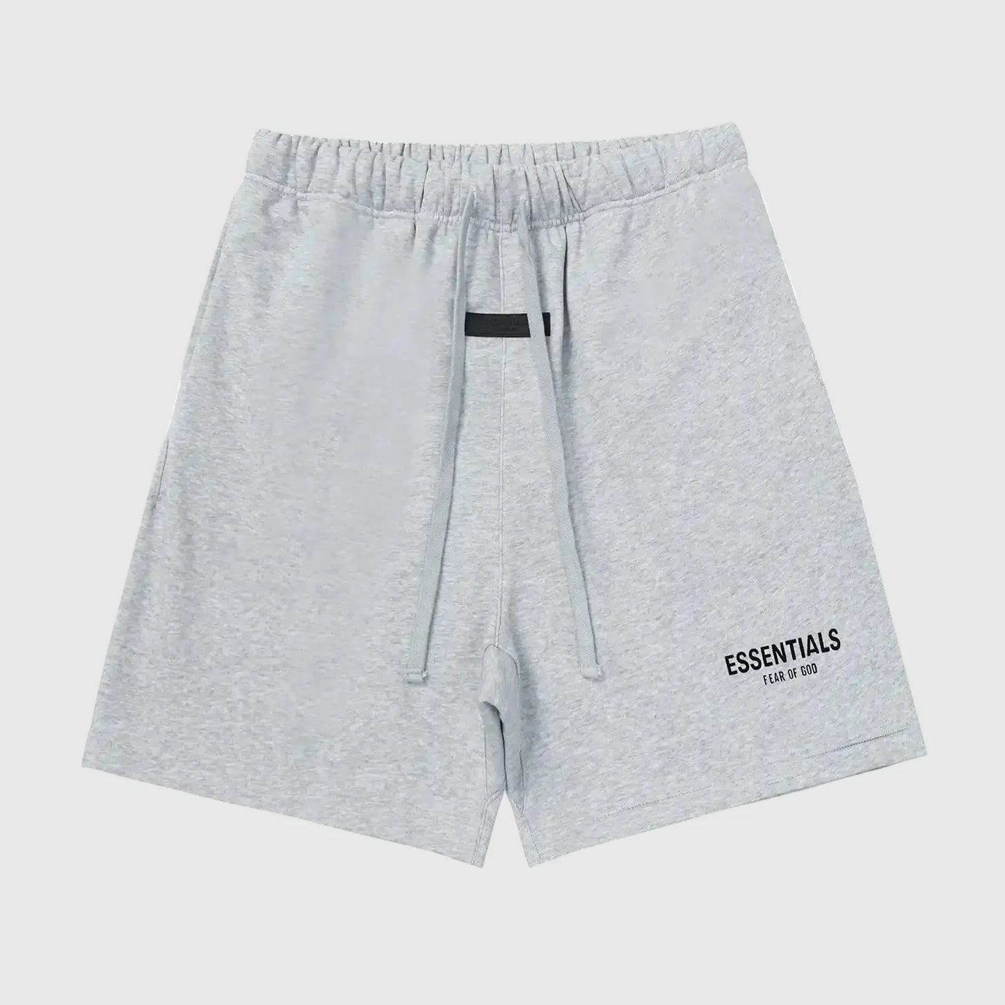 Fear of God Essentials dark heather oatmeal fleece shorts with tonal logo and relaxed silhouette