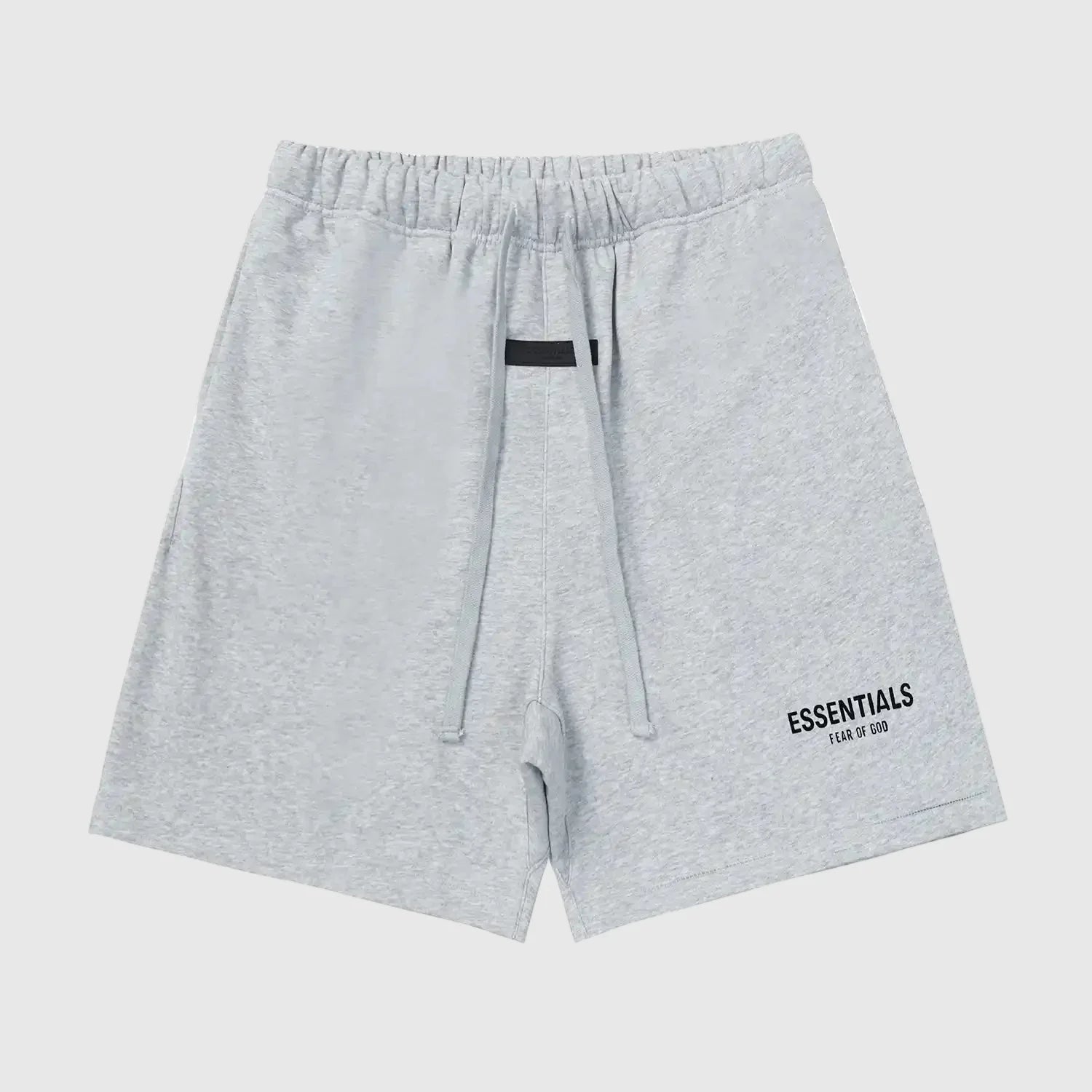 Fear of God Essentials dark heather oatmeal fleece shorts with tonal logo and relaxed silhouette