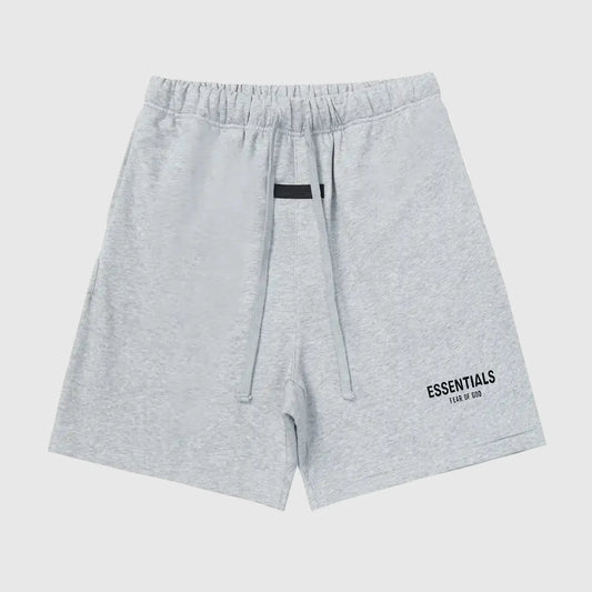 Fear of God Essentials dark heather oatmeal fleece shorts with tonal logo and relaxed silhouette