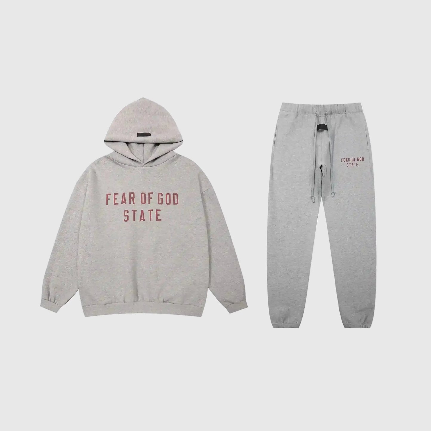 Fear of God Essentials dark heather oatmeal tracksuit front view hoodie and joggers