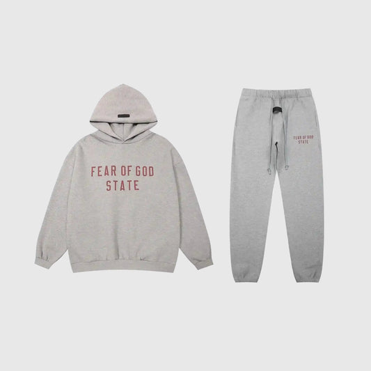 Fear of God Essentials dark heather oatmeal tracksuit front view hoodie and joggers
