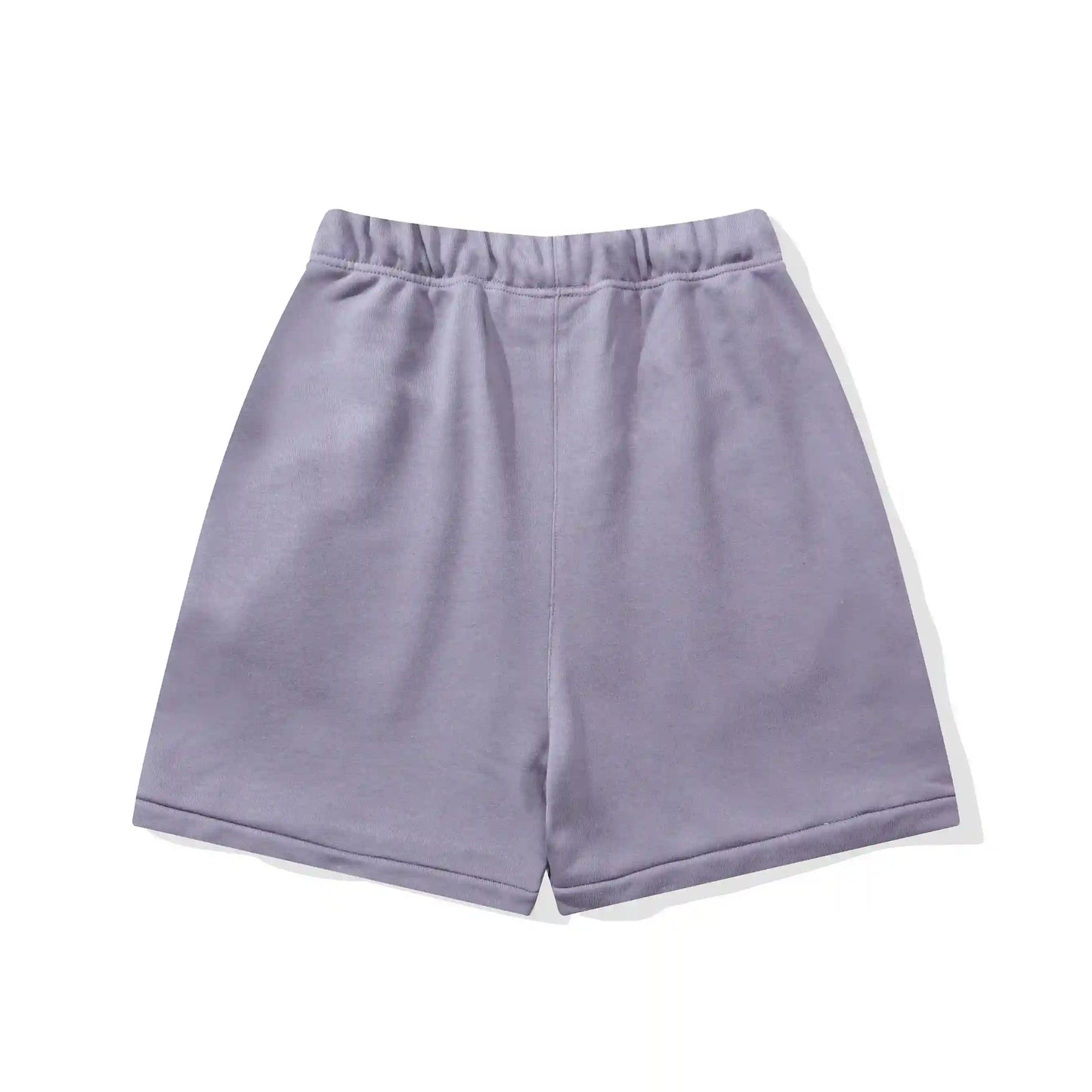 Fear of God Essentials pastel purple fleece shorts with relaxed fit and tonal branding