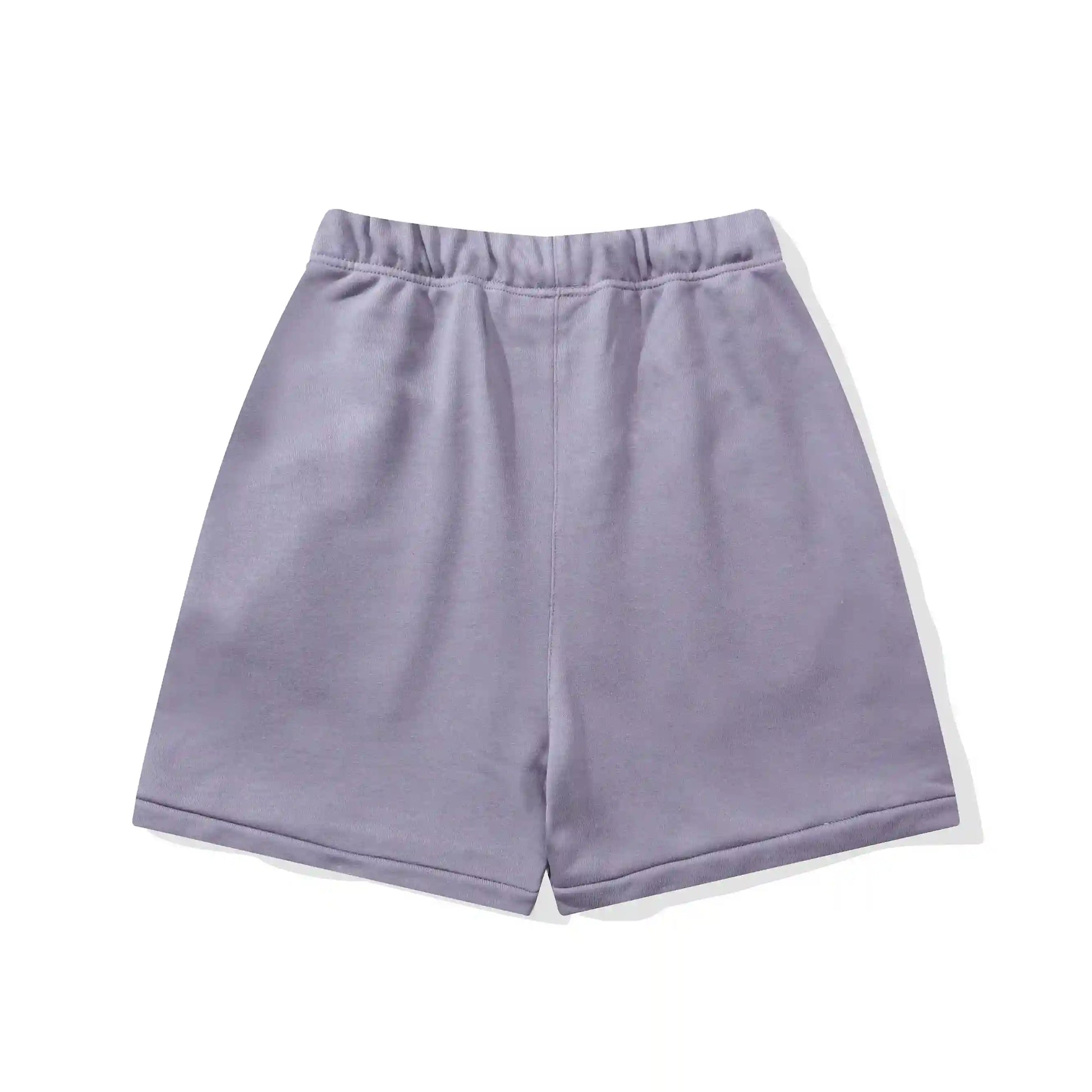 Fear of God Essentials pastel purple fleece shorts with relaxed fit and tonal branding