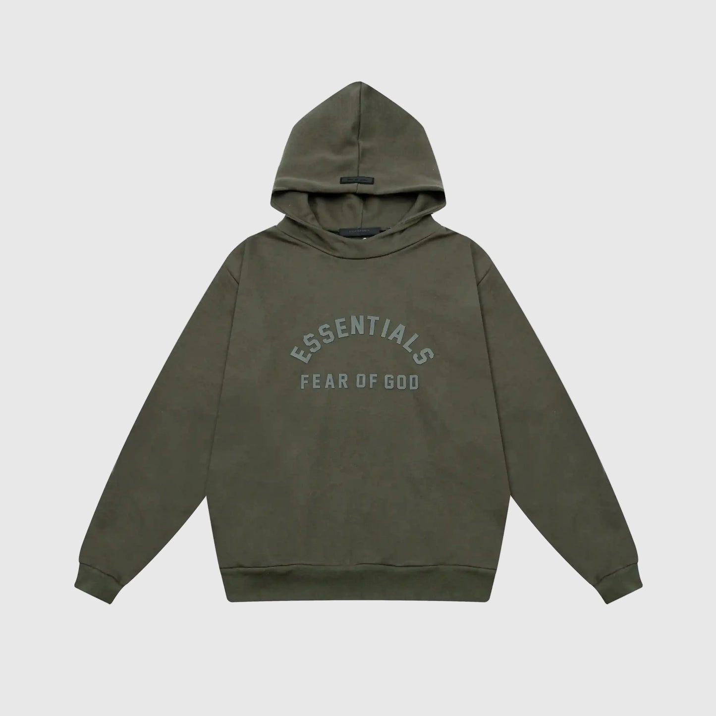Fear of God Essentials lunar green hoodie front view with rubberized Black Bar branding