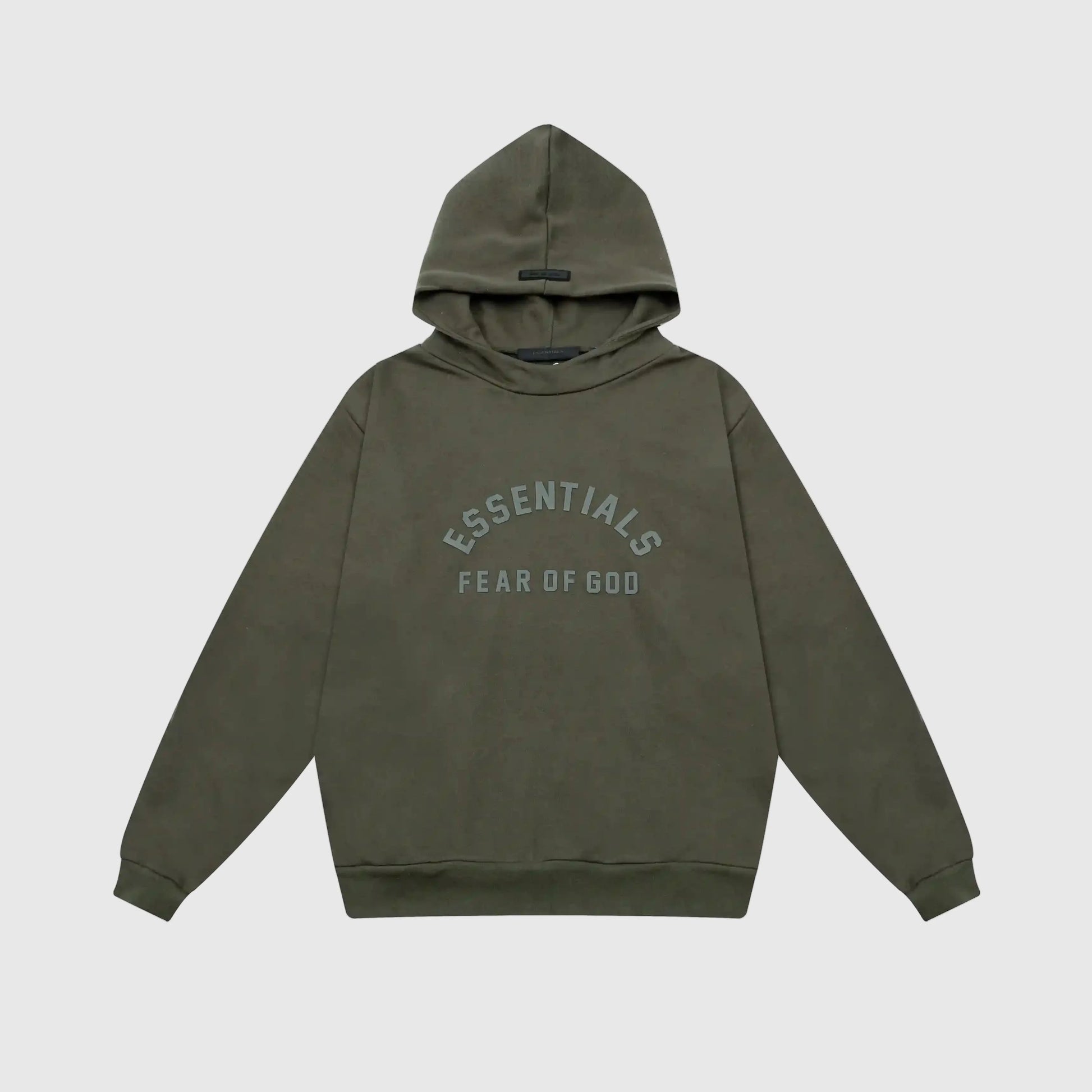 Fear of God Essentials lunar green hoodie front view with rubberized Black Bar branding