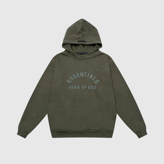 Fear of God Essentials lunar green hoodie front view with rubberized Black Bar branding