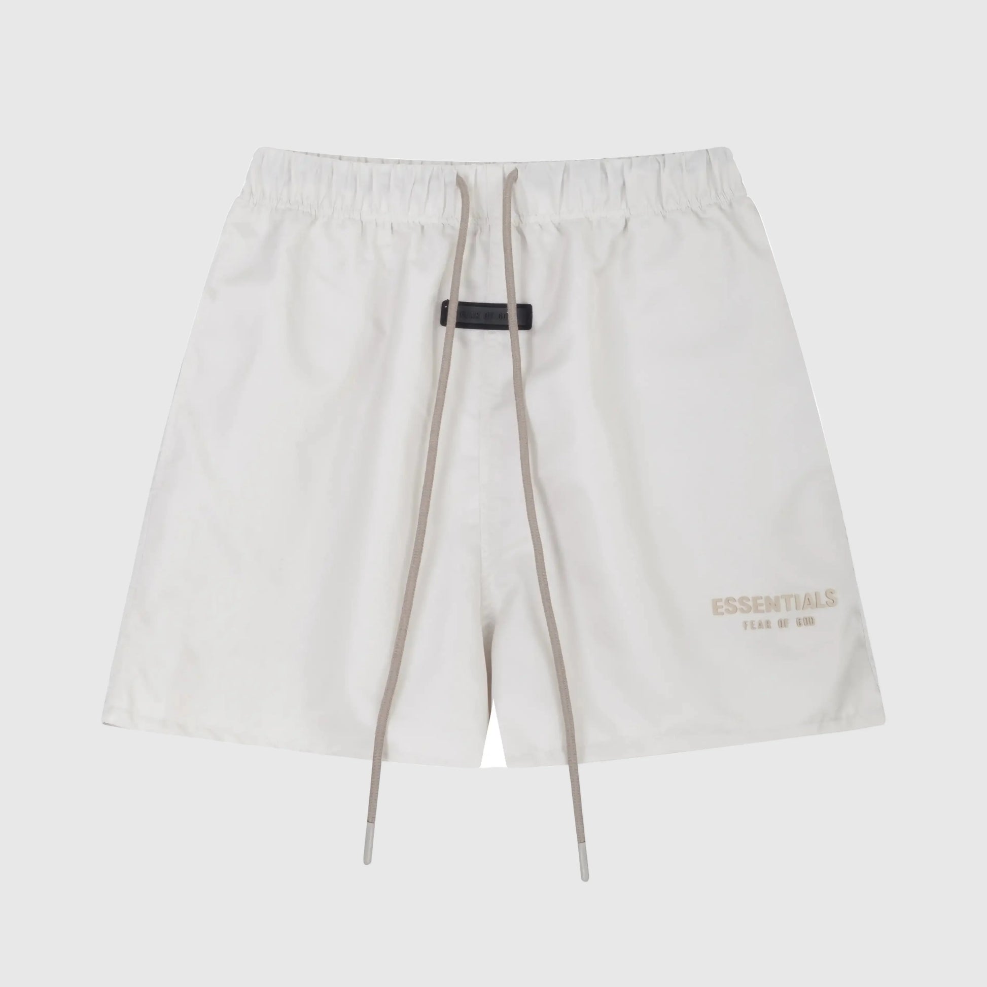 Fear of God Essentials Cloud Dance fleece shorts in light grey with tonal branding and relaxed silhouette