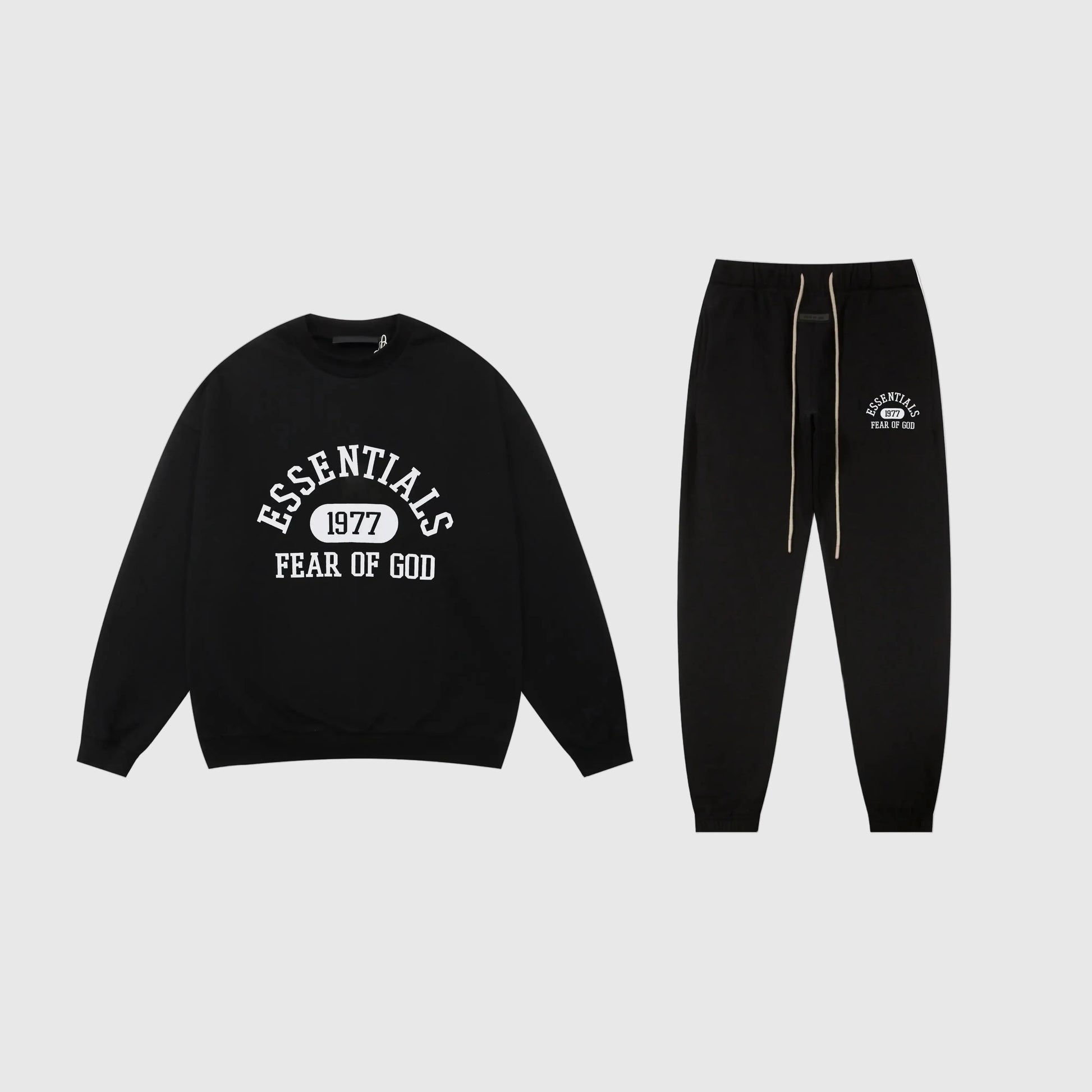 Essentials black core comfort fleece tracksuit set with relaxed fit by Fear Of God