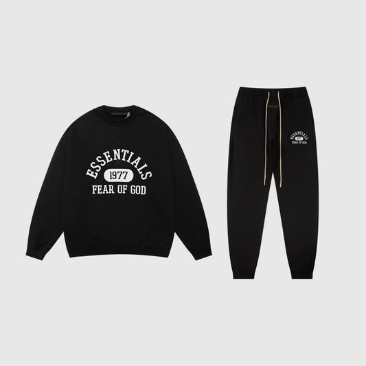 Essentials black core comfort fleece tracksuit set with relaxed fit by Fear Of God