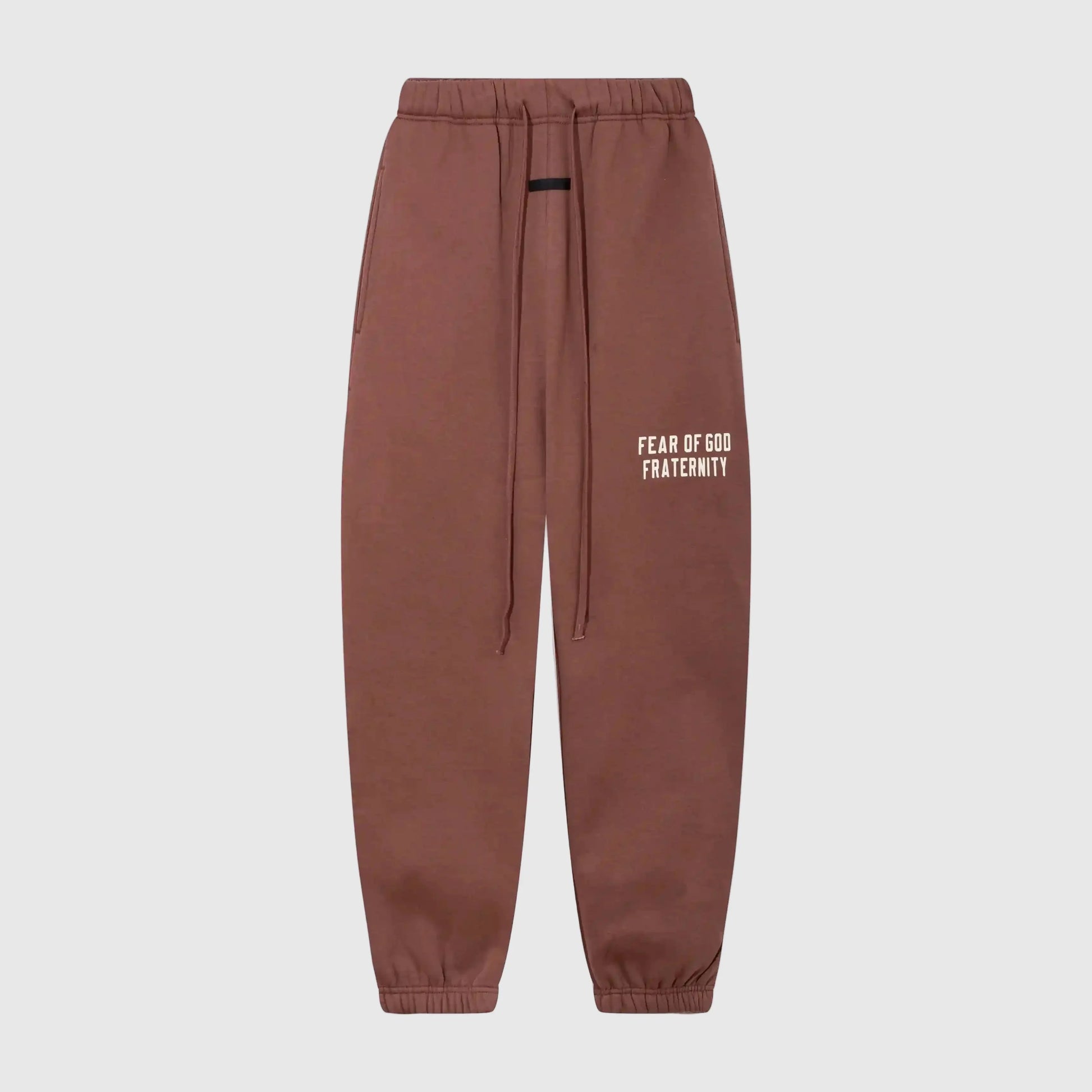Essentials dark chestnut core fleece sweatpants by Fear of God front view