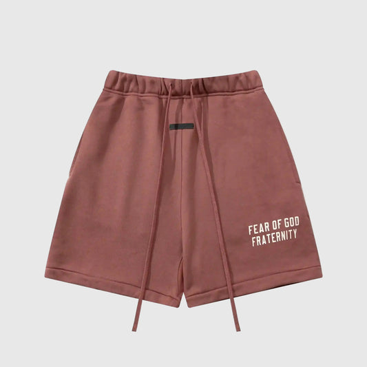 Essentials dark chestnut fleece shorts by Fear of God front view
