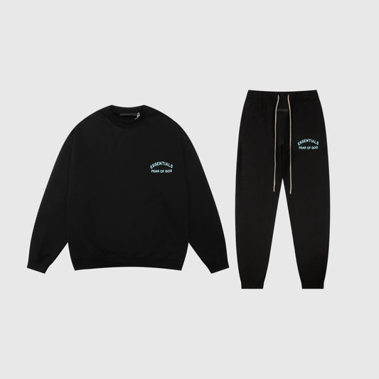 Essentials black relaxed fleece tracksuit set with casual fit by Fear Of God