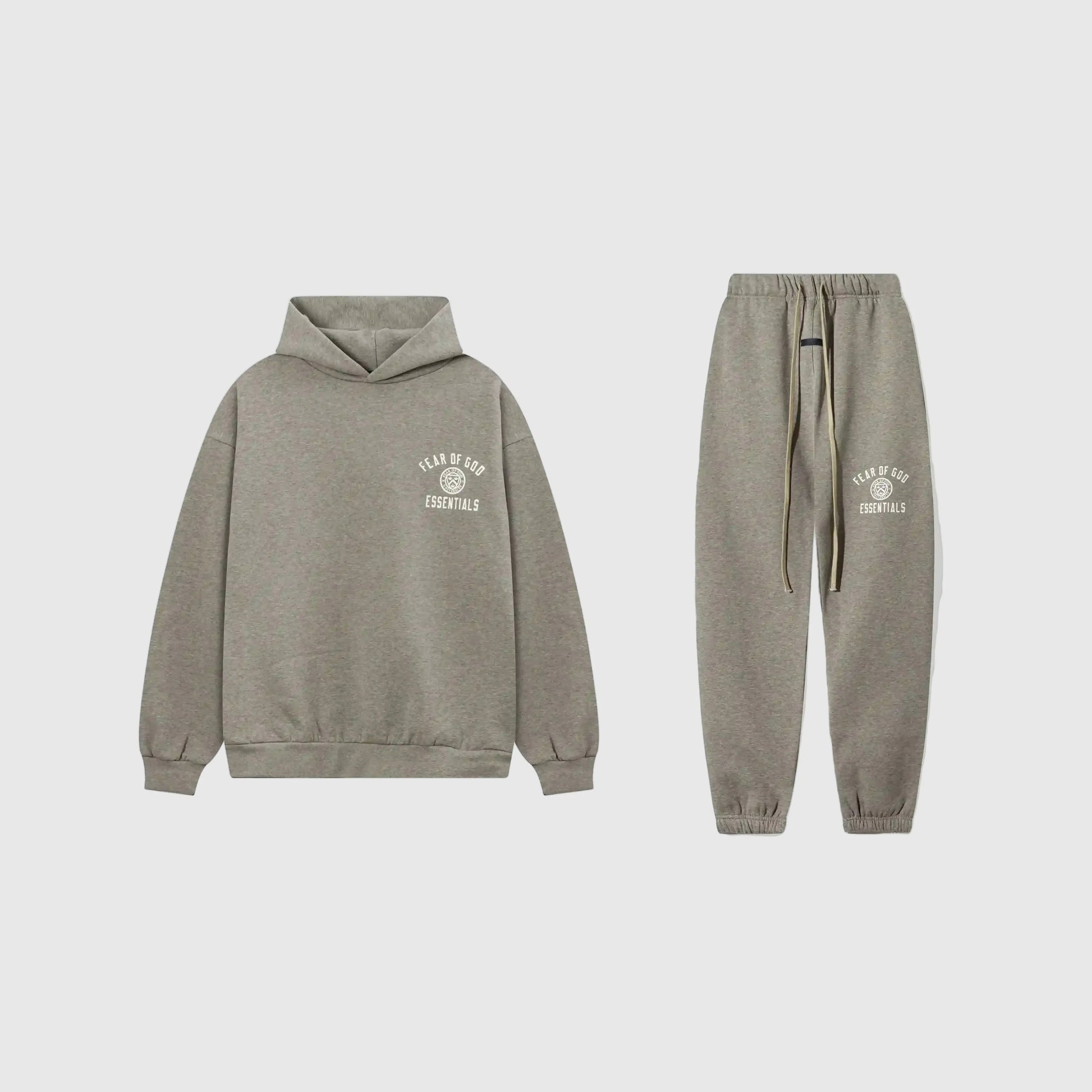 Essentials heathered grey tracksuit front view – Fear of God hoodie and jogger set