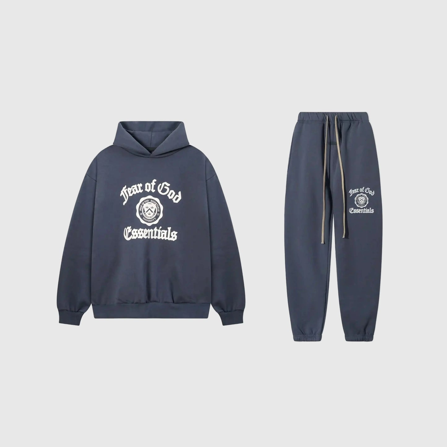 Fear of God Essentials blue tracksuit set front view hoodie and joggers