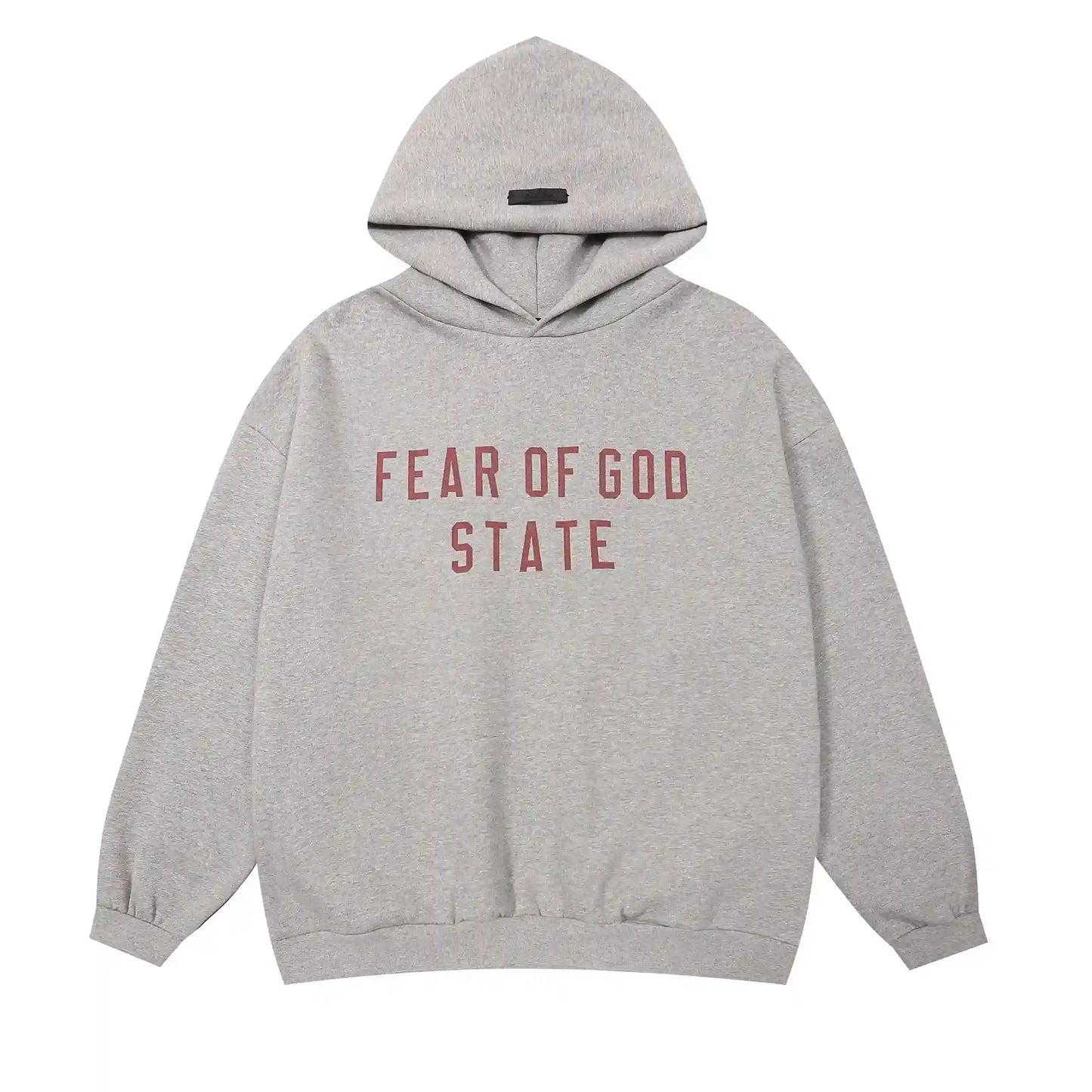 Dark heather oatmeal Essentials hoodie center front rubberized black bar branding detail
