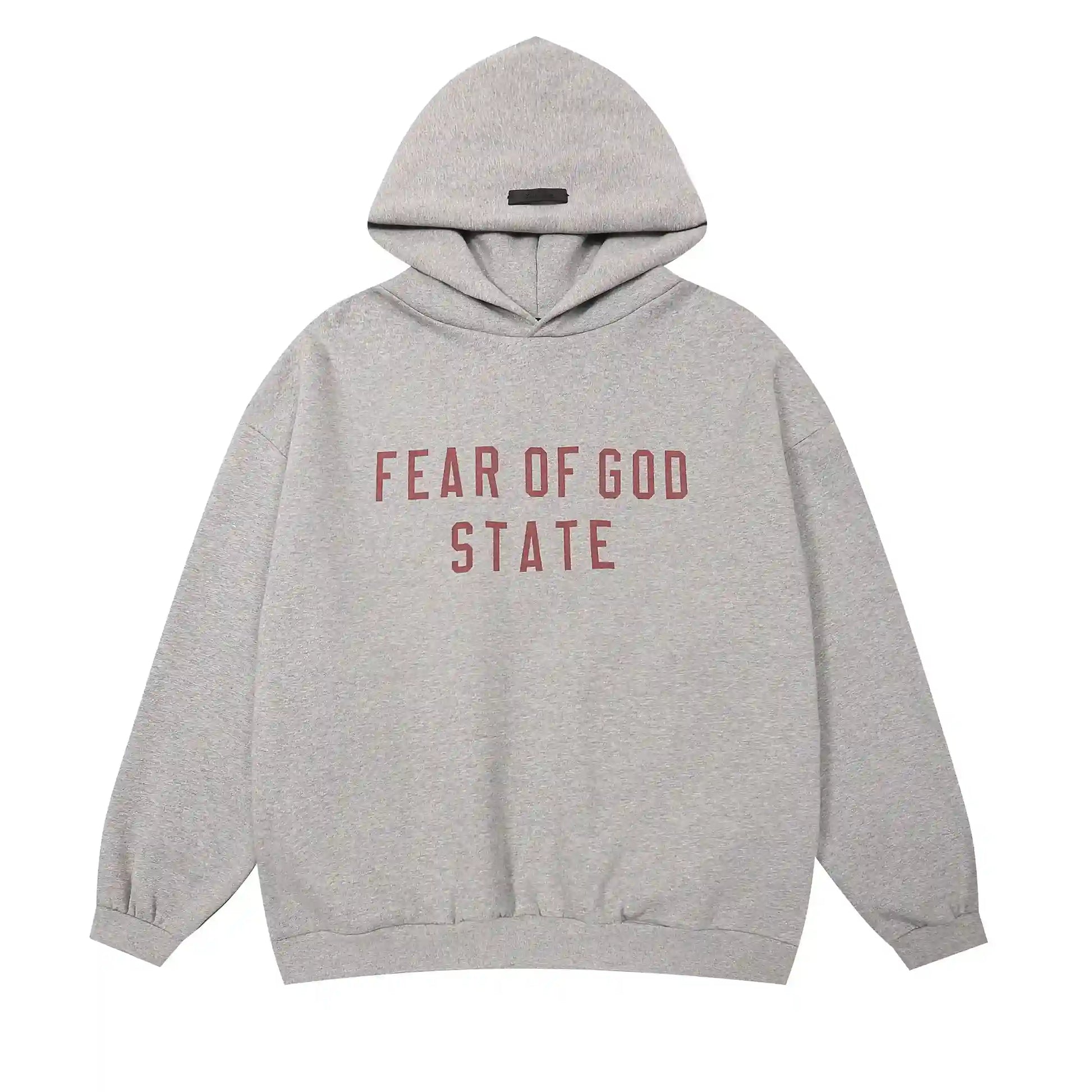 Dark heather oatmeal Essentials hoodie center front rubberized black bar branding detail