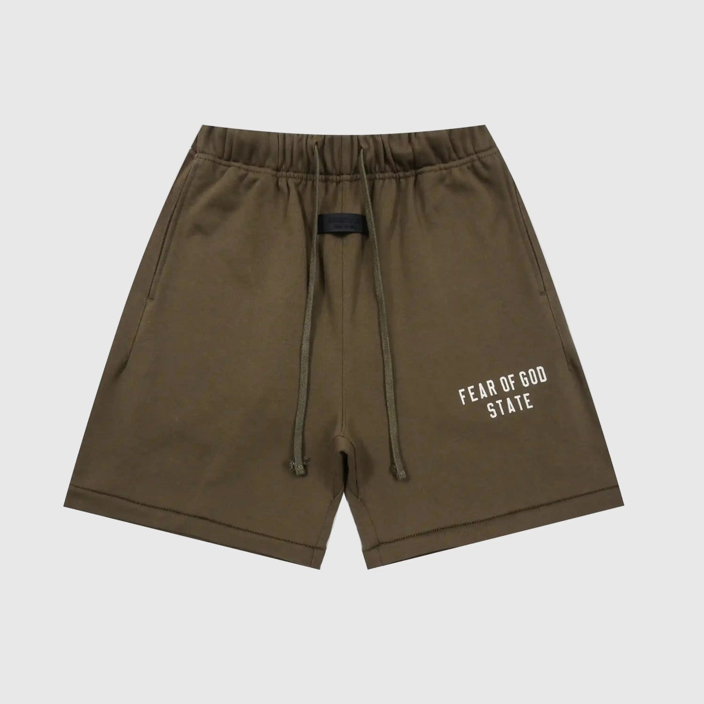 Fear of God Essentials woodland fleece shorts in earthy tone with tonal branding