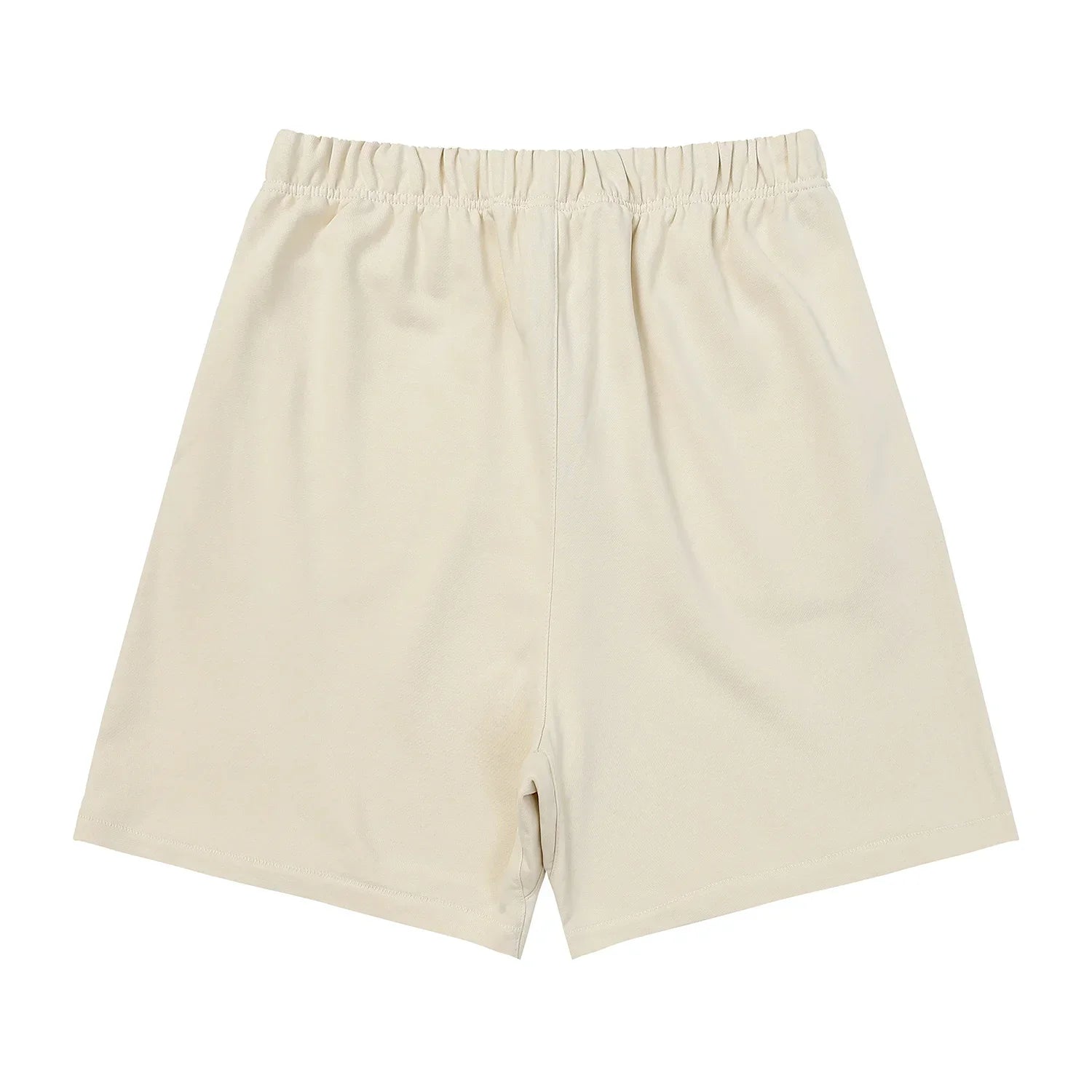 Fear of God Essentials white fleece shorts in cloud dance color with tonal branding and relaxed fit
