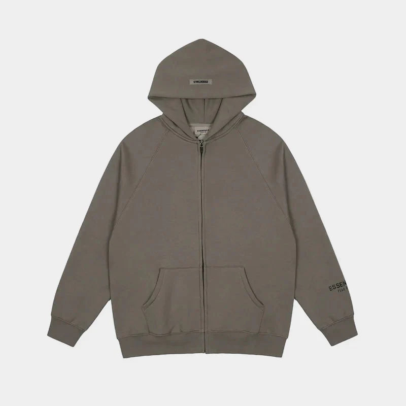essentials sandstone zip hoodie relaxed fit streetwear
