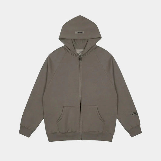 essentials sandstone zip hoodie relaxed fit streetwear