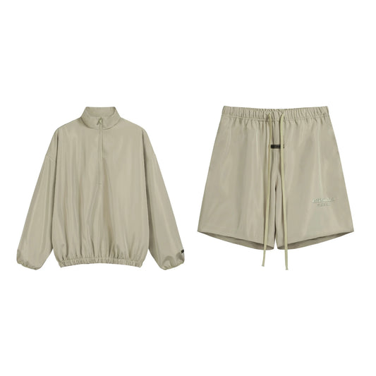 Essentials Tracksuit Wood Gray Half-Zip Nylon Pullover