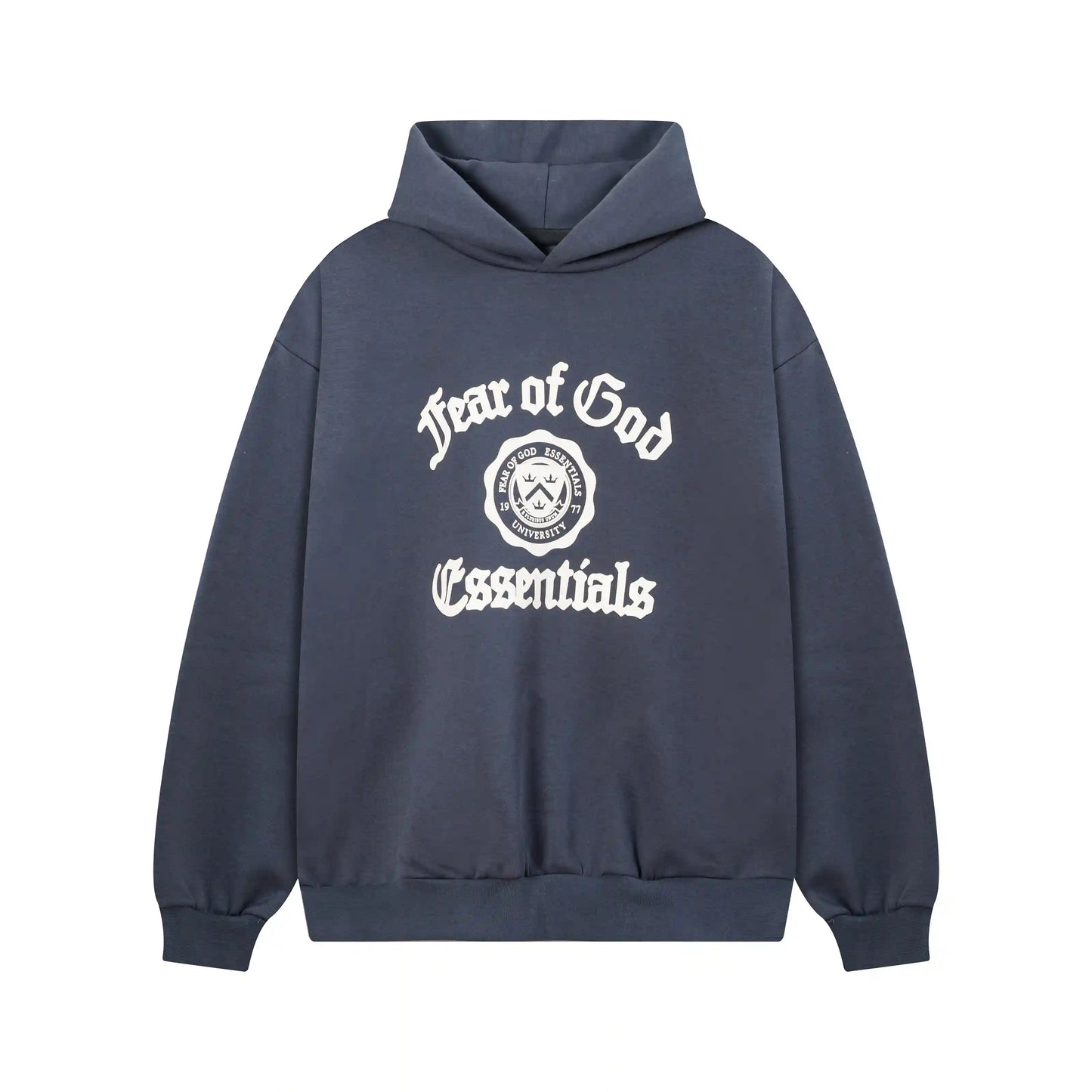 Blue Essentials hoodie center front rubberized black bar branding detail