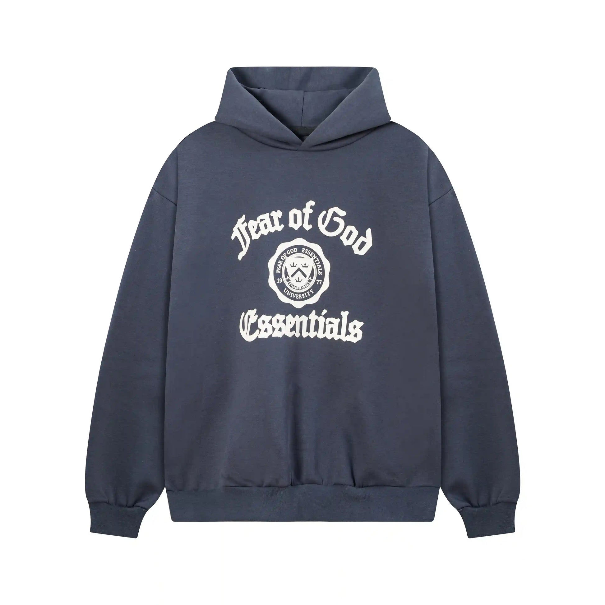 Blue Essentials hoodie center front rubberized black bar branding detail