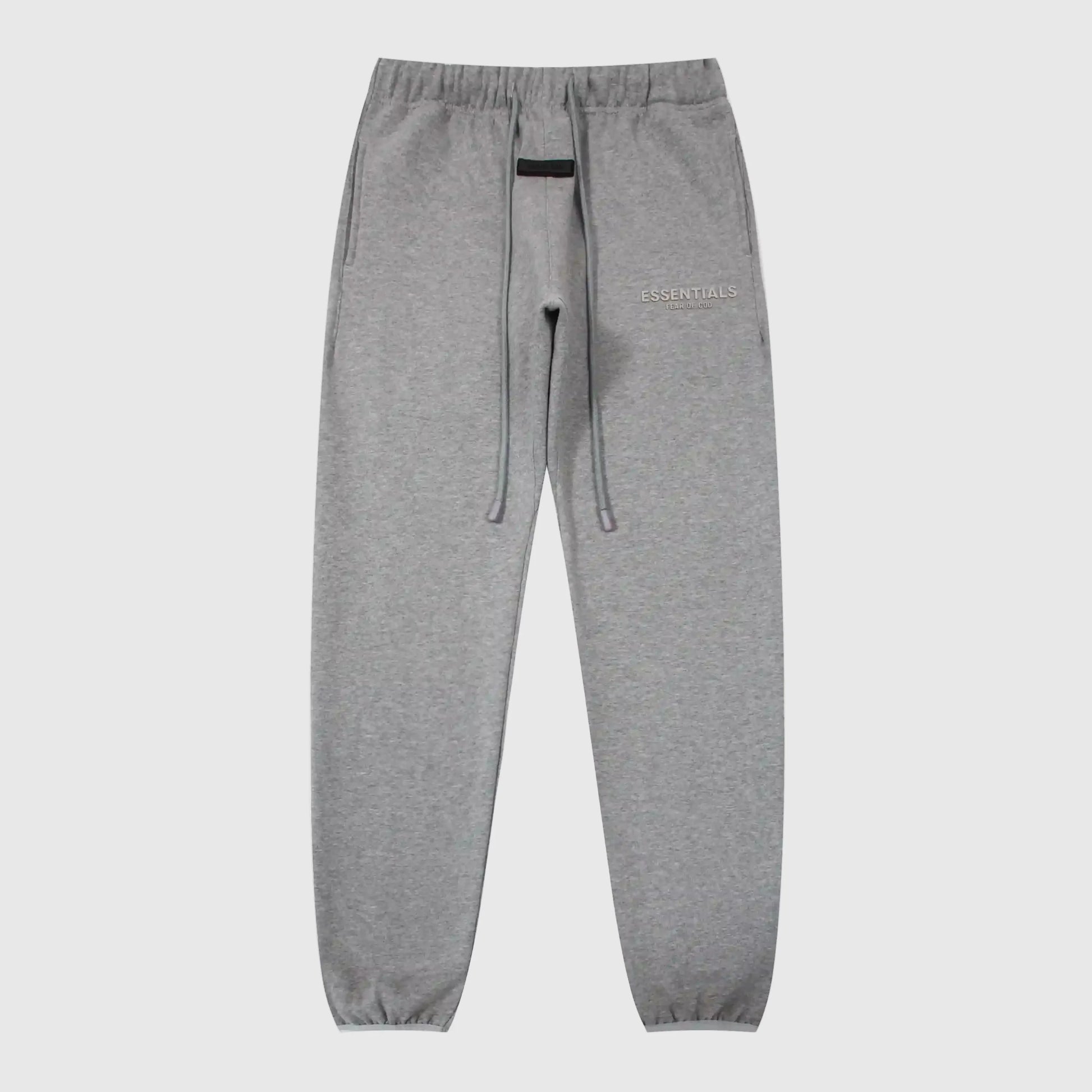Essentials dark heather oatmeal core fleece sweatpants front view by Fear Of God