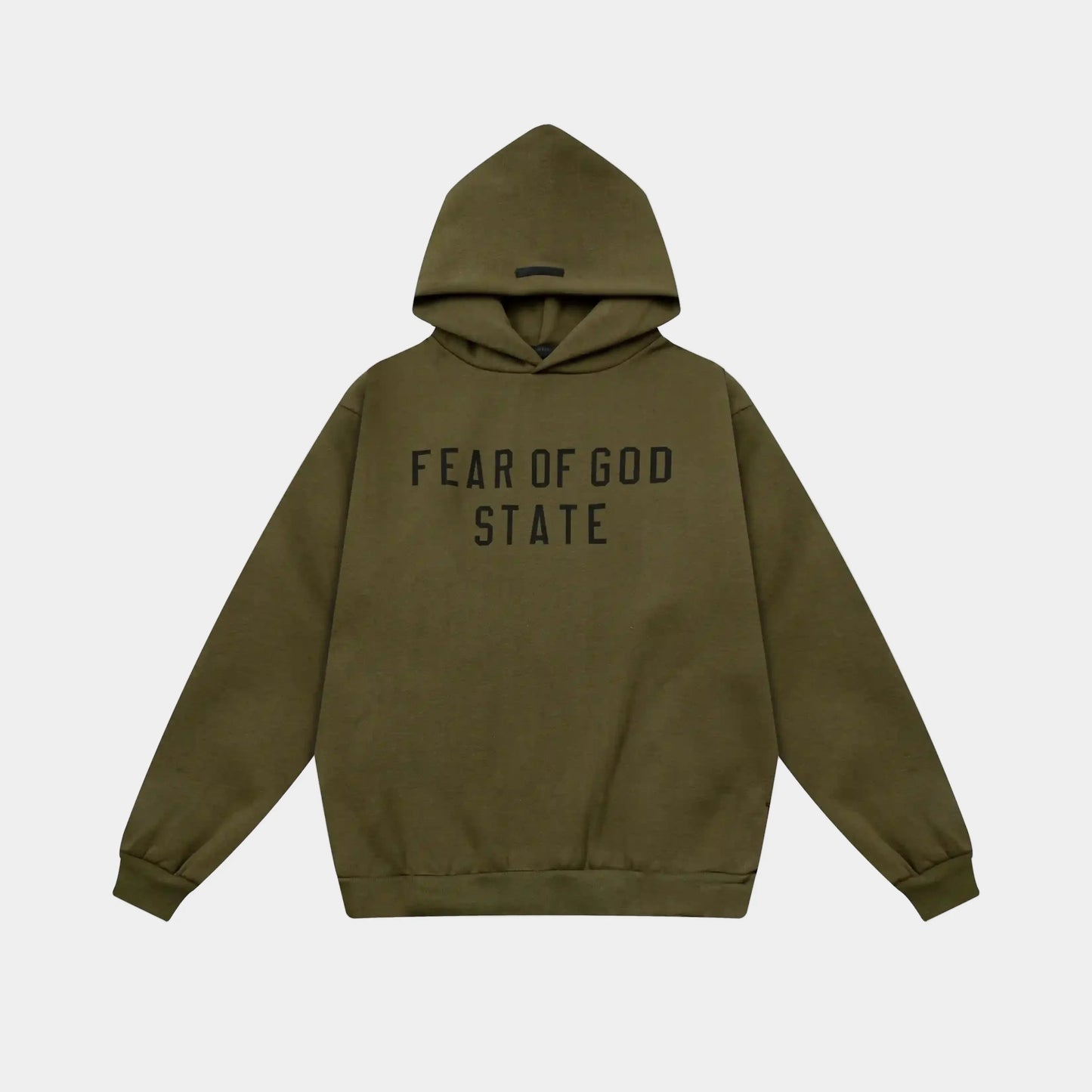 Fear of God Essentials woodland hoodie front view with rubberized Black Bar branding